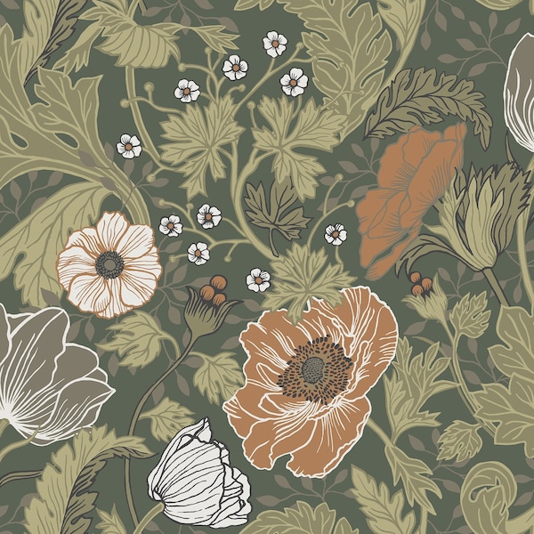 Manhattan Comfort Limoges Anemone Green Floral 33 ft L X 209 in W Wallpaper BR4080-44104 - main